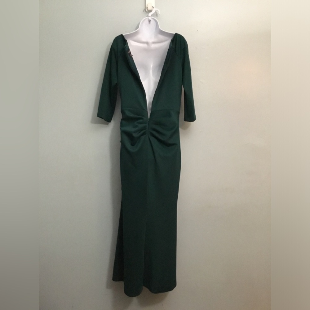 Elegant Forest Green V-Neck Draped Women's Dress - Picture 6 of 15
